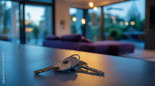 Close-up of house keys placed on a table in a stylish, modern luxury home with a blurred living room background.
