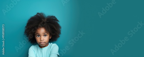 Teal background sad black American African child Portrait of young beautiful kid Isolated Background racism skin color depression anxiety fear burn out health  photo