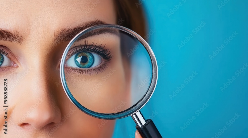A woman looking through a magnifying glass at her eye, AI A woman looking through a magnifying glass at her eye, AI