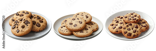 Chocolate chip cookies on white plates isolated on transparent background