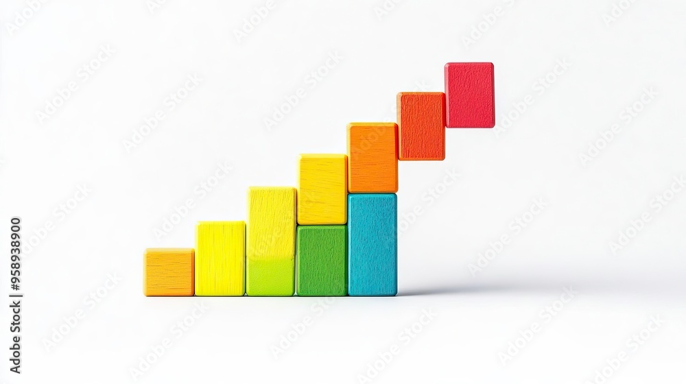 Colorful wooden blocks arranged in a rising staircase pattern, symbolizing growth and progress in a minimalistic design. Colorful wooden blocks arranged in a rising staircase pattern, symbolizing growth and progress in a minimalistic design.