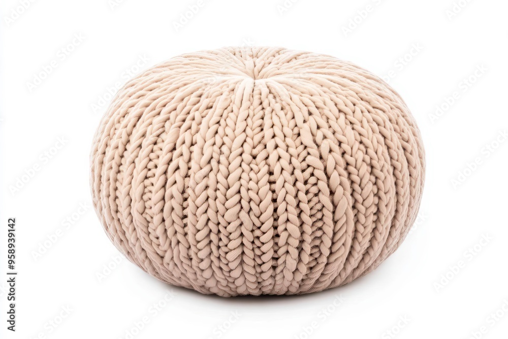 Cozy knitted pouf in soft neutral tones, perfect for adding texture and comfort to any living space or decor. Cozy knitted pouf in soft neutral tones, perfect for adding texture and comfort to any living space or decor.