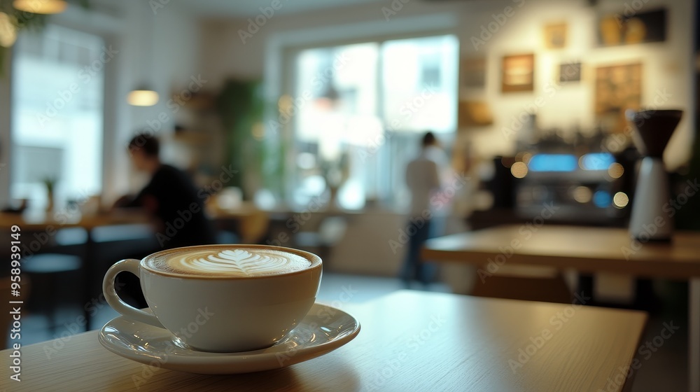 A close-up of a latte art coffee cup on a wooden table in a cozy caf? setting. A close-up of a latte art coffee cup on a wooden table in a cozy caf? setting.