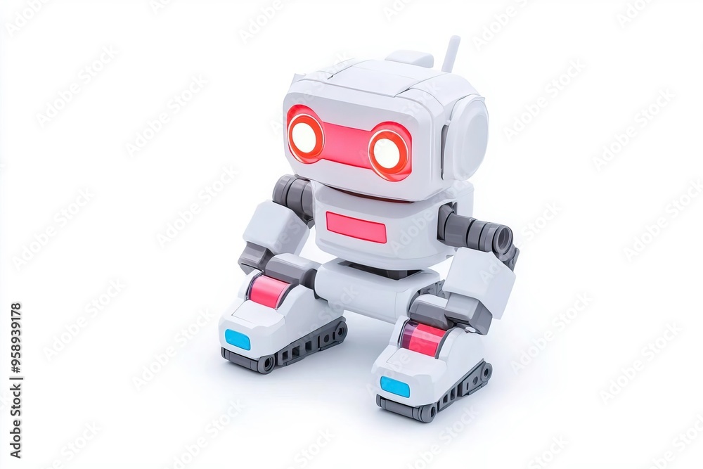 Obraz premium Cute robotic toy with bright eyes, perfect for tech-themed projects and children's educational materials.