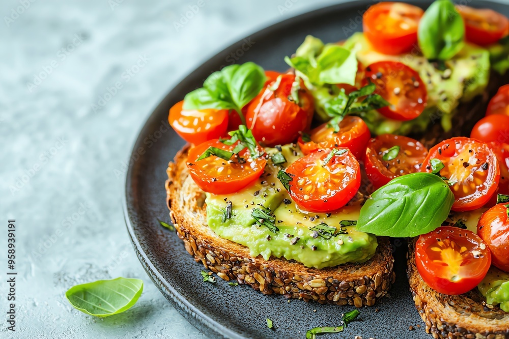 Fresh avocado toast topped with cherry tomatoes and basil, perfect for a healthy breakfast or snack. Fresh avocado toast topped with cherry tomatoes and basil, perfect for a healthy breakfast or snack.