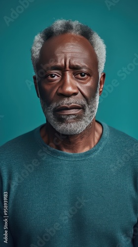 Teal background sad black American independent powerful man. Portrait of older mid-aged person beautiful bad mood expression isolated on background 