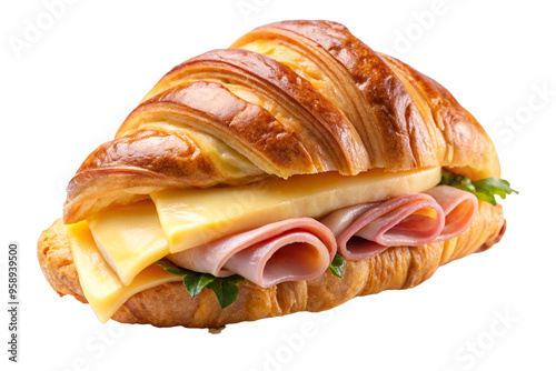 Freshly baked ham and cheese croissant on transparent plate vector art photo