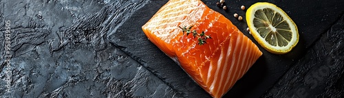 Fresh salmon fillet with lemon slice on a dark slate background, ideal for culinary and food presentations. photo