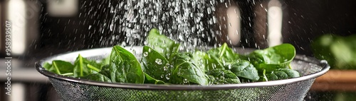Fresh spinach being rinsed in a modern kitchen colander with water droplets sparkling in the light.