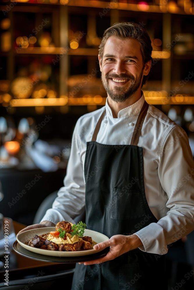 Confident waiter stands in luxury restaurant setting holding plate of food with smile. Professional server presents dish to customer with friendly demeanor. Confident waiter stands in luxury restaurant setting holding plate of food with smile. Professional server presents dish to customer with friendly demeanor.