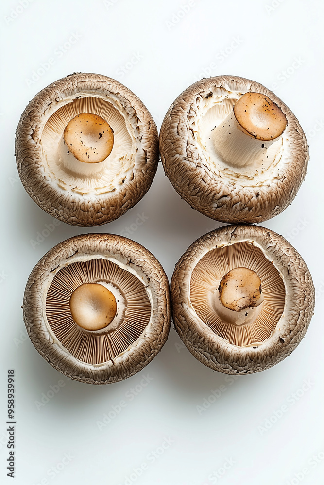 Four brown cap mushrooms, one with the top cut off and placed on a white background, high-resolution photography, high-quality photorealistic images, commercial imagery, food magaz Four brown cap mushrooms, one with the top cut off and placed on a white background, high-resolution photography, high-quality photorealistic images, commercial imagery, food magaz
