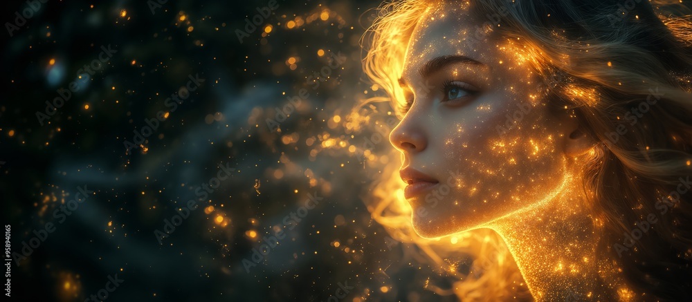 Ethereal Woman with Glowing Light Particles in Profile View Ethereal Woman with Glowing Light Particles in Profile View
