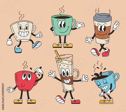 Set of retro characters of coffee cup groovy. Funny vintage mascot. Espresso, latte, black, glace. Vector cartoon illustration