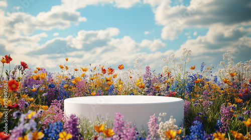 A white podium surrounded by colorful wildflowers, set against the backdrop of a blue sky and fluffy clouds. The vibrant colors create an enchanting atmosphere for a product displa photo