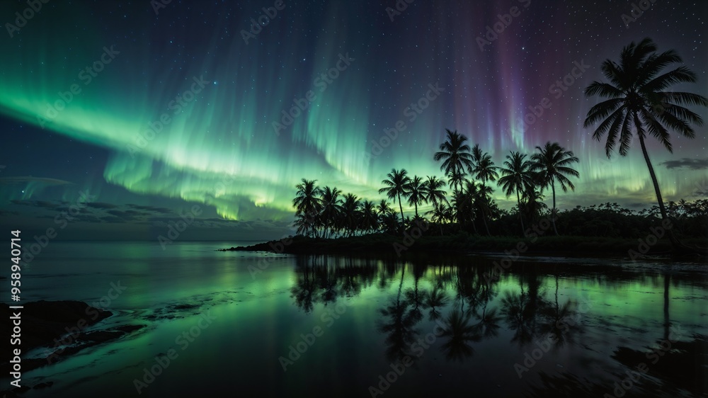 Northern Lights appearing above a calm, mirror-like ocean near an isolated tropical island Northern Lights appearing above a calm, mirror-like ocean near an isolated tropical island