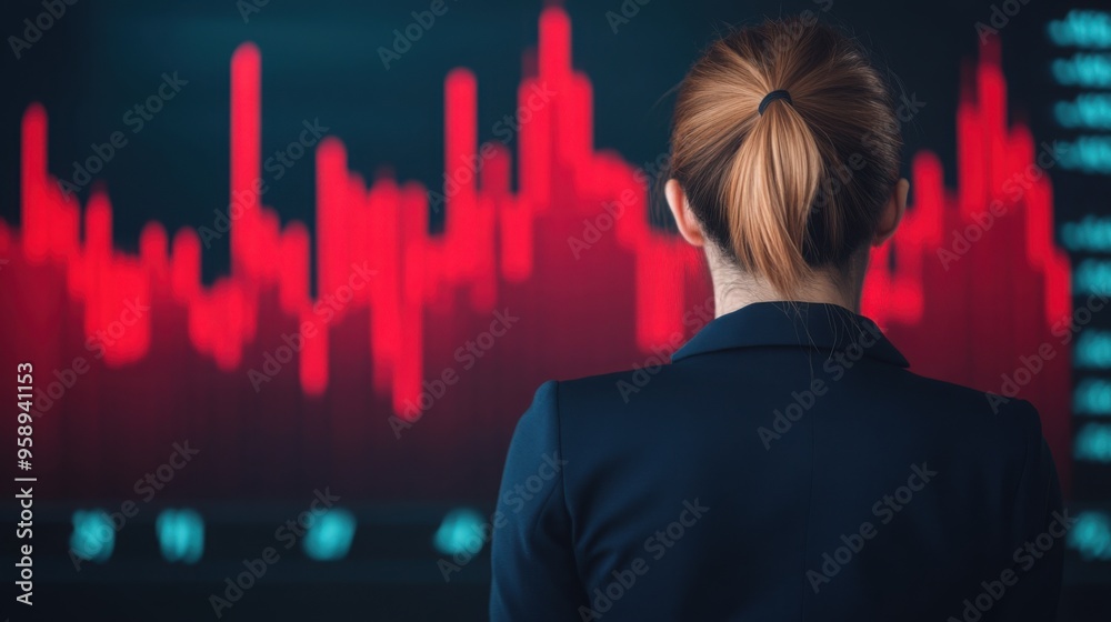 Businesswoman watching a falling interest rate graph with concern, financial market visualization Businesswoman watching a falling interest rate graph with concern, financial market visualization