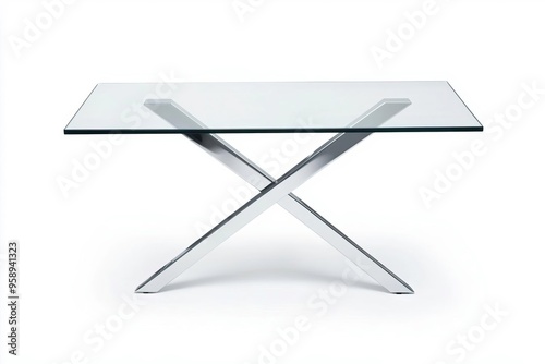 Modern glass table with a sleek design featuring a unique cross base, perfect for contemporary interiors and stylish dining spaces.