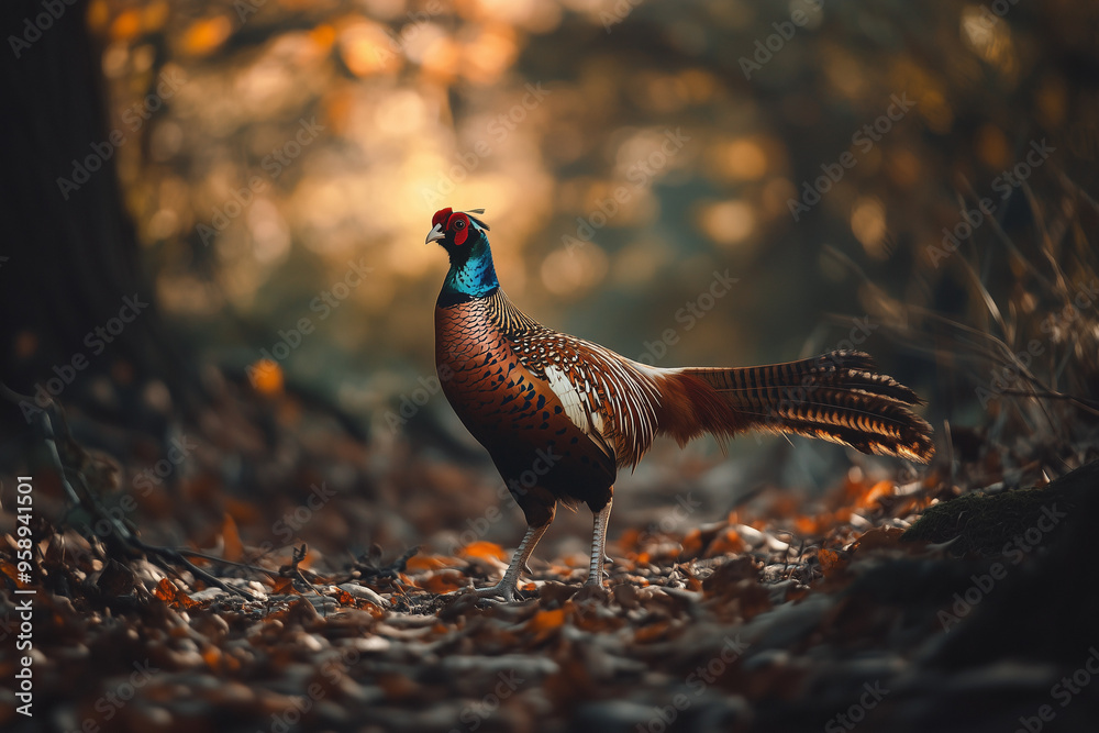 A male pheasant bird against a mottled brown autumn forest background with bracken and dried leaves with copy space. A male pheasant bird against a mottled brown autumn forest background with bracken and dried leaves with copy space.