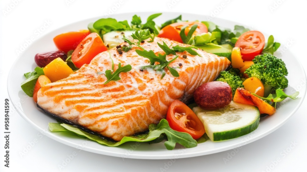 Healthy aging concept with a plate of balanced nutrition, vibrant and fresh ingredients, isolated on white background Healthy aging concept with a plate of balanced nutrition, vibrant and fresh ingredients, isolated on white background