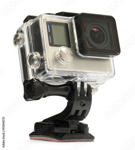 Modern action camera and mount isolated on white