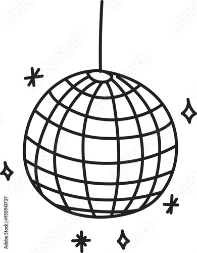 Hand drawn disco ball illustration on transparent background.
