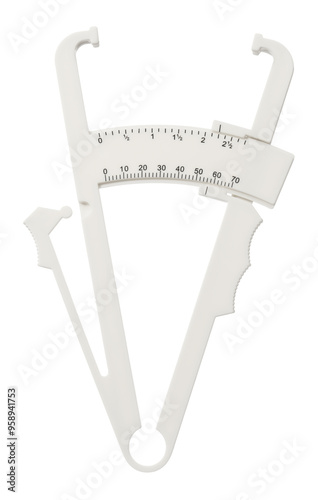 Plastic body fat caliper isolated on white photo