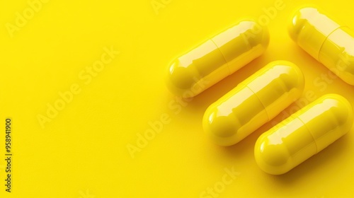 A group of four yellow pills on a bright background, AI