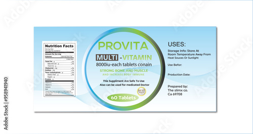 vitamin label template, multi vitamin label, Supplement, vitamin label design, label design, food label, health design, bottle product jar label, vita, packaging, capsule label	
