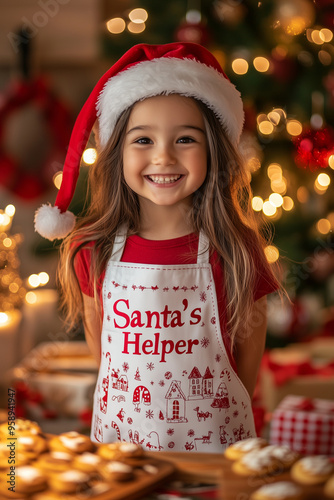 A young girl wearing an apron with 