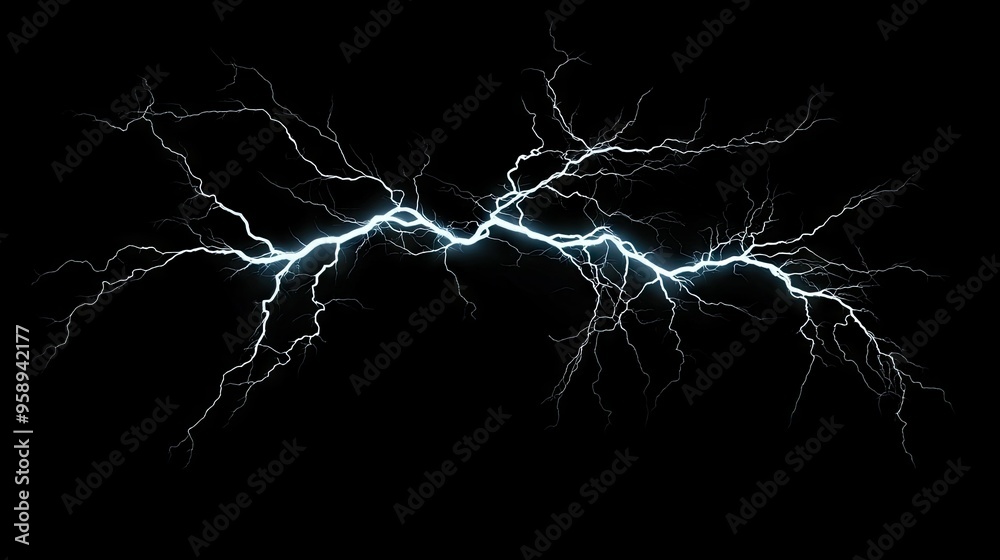 Fierce lightning bolt with branching offshoots isolated against a black background, capturing the essence of a powerful electrical storm.