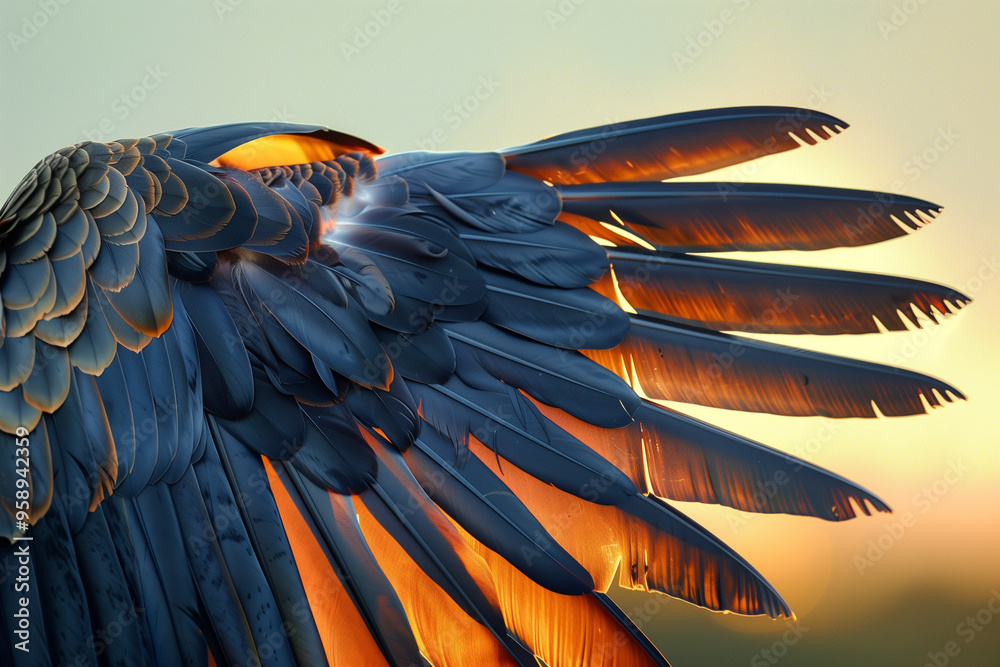 Fototapeta premium Close up photo of a raptor's outspread wing showing the spread outer primaries against a sky with sunset lighting.