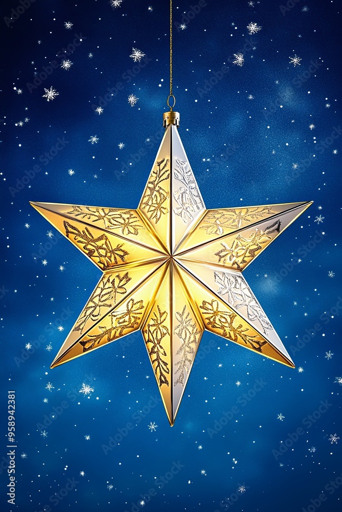 A beautifully detailed golden star ornament hanging against a starry night sky