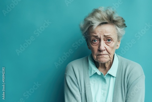 Teal background sad European white Woman grandmother realistic person portrait of young beautiful bad mood expression Woman Isolated Background 