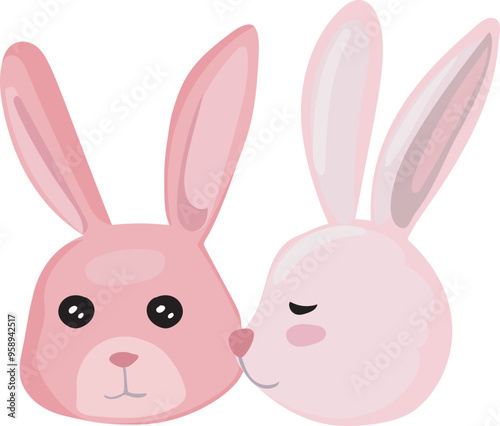 Cartoon cute rabbit couple illustration on transparent background. 