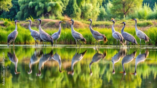 Majestic grey cranes stand tall in a serene wetland landscape, their slender necks and legs reflected in calm water, surrounded by lush green vegetation. photo