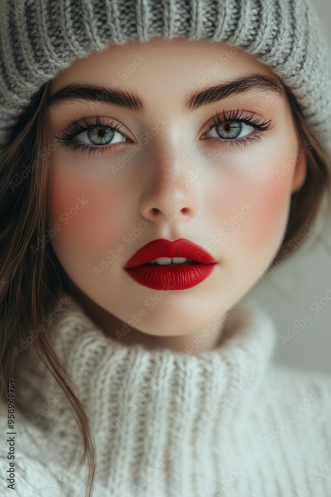 A model wearing red lipstick, a grey knitted hat, and a white sweater, with beautiful eyes and long eyelashes. The close-up shot is in soft light, showcasing the subject's beauty. A model wearing red lipstick, a grey knitted hat, and a white sweater, with beautiful eyes and long eyelashes. The close-up shot is in soft light, showcasing the subject's beauty.