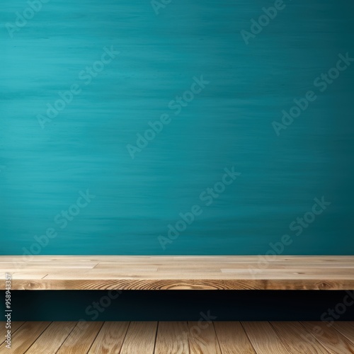 Teal background with a wooden table, product display template. teal background with a wood floor. Teal and white photo of an empty room 