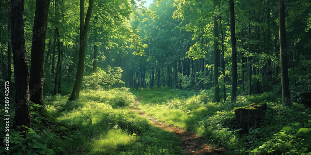 Fototapeta premium Sunlight Streaming Through Lush Green Forest Trees - Scenic Nature Landscape Panorama with Sun Rays in Vibrant Summer Woodland