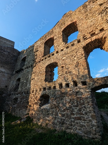 Rokstejn castle ruins by Brtnice town,Vysocina region,Bohemia Czech republic,gothic medieval castle ruins with tower and fortification stone walls photo