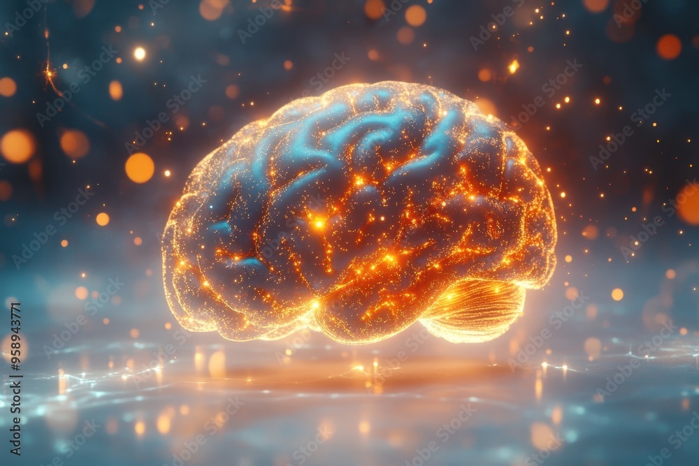a glowing brain with orange and blue lights, in a hologram style, on a white background with a bokeh effect Generative AI a glowing brain with orange and blue lights, in a hologram style, on a white background with a bokeh effect Generative AI
