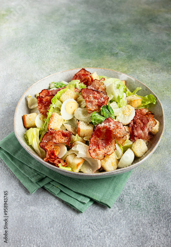 caesar salad with fried bacon, quail eggs, homemade, no people,