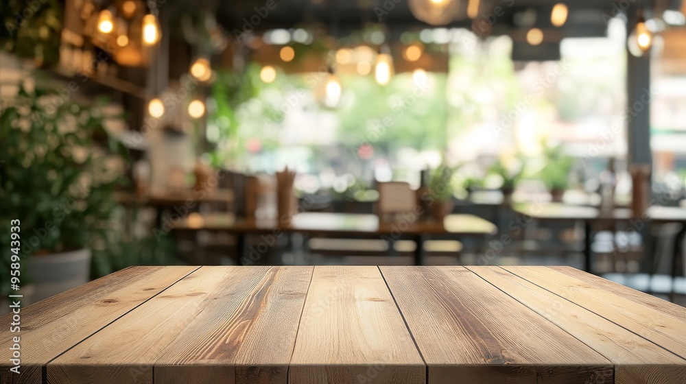 A wooden table in a cozy caf? setting with greenery and warm lighting in the background. A wooden table in a cozy caf? setting with greenery and warm lighting in the background.