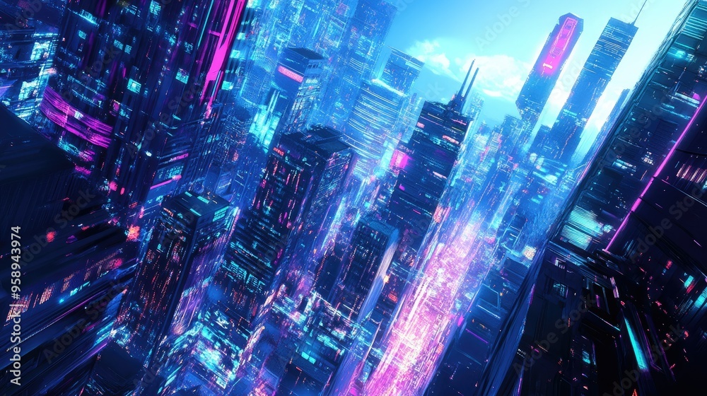 Futuristic city with neon-lit buildings and abstract digital elements, capturing a panoramic view of modern urban architecture and technology. Futuristic city with neon-lit buildings and abstract digital elements, capturing a panoramic view of modern urban architecture and technology.