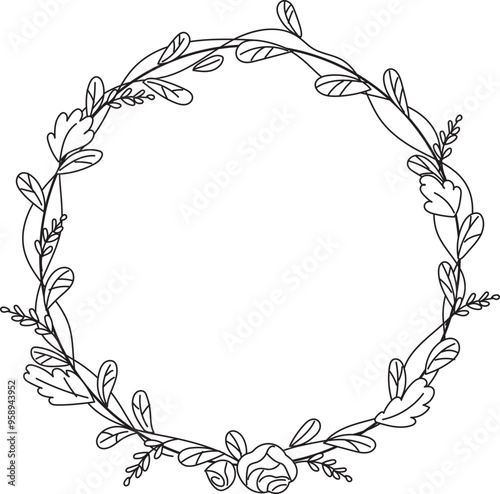 Hand drawn floral wreath illustration on transparent background. 