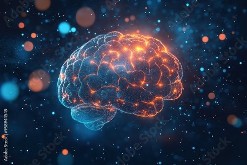 glowing brain with orange and blue lights The background is a dark blue with blurred light particles Generative AI