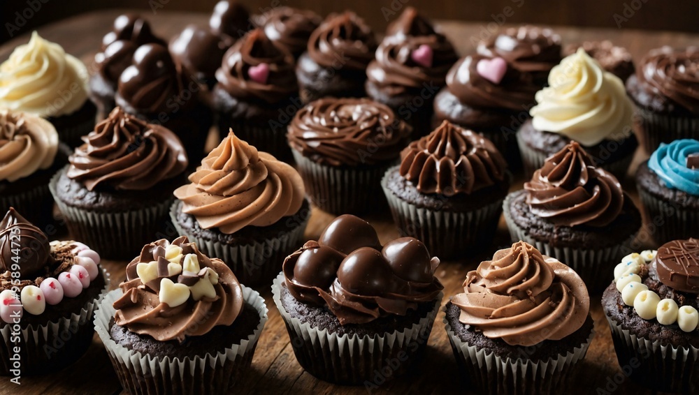 A variety of chocolate cupcakes in heart shapes, with room for text or design.
