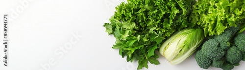 Green leafy vegetables in a balanced meal, emphasizing nutrition for a long life, minimalist design, isolated on white background