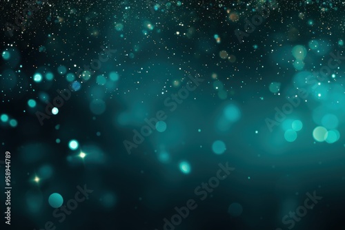 Teal banner dark bokeh particles glitter awards dust gradient abstract background. Futuristic glittering in space on teal background blank empty with copy 