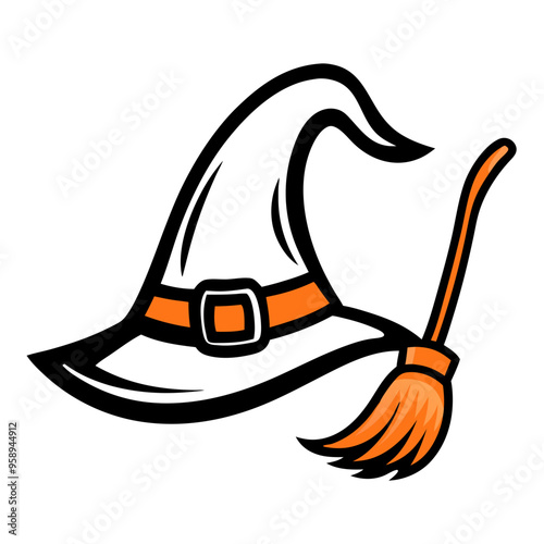 Witch hat and broomstick in orange and black for Halloween magic