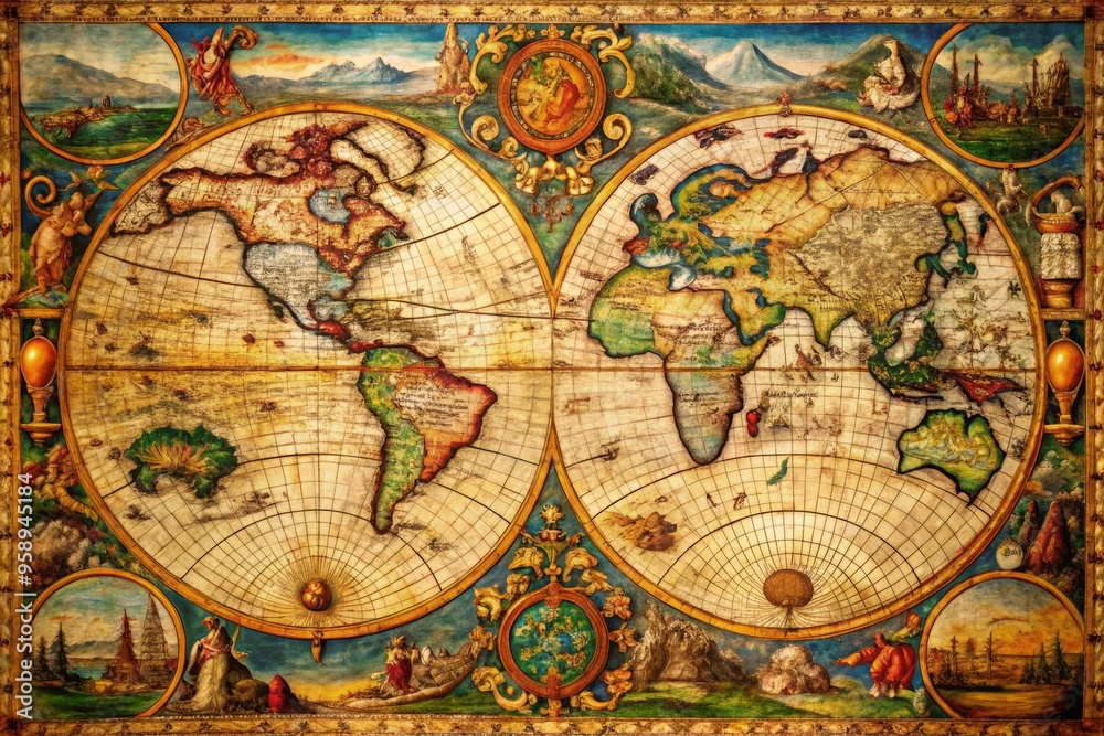 A beautifully illuminated ancient world map from the 16th century featuring intricate illustrations, ornate borders, A beautifully illuminated ancient world map from the 16th century featuring intricate illustrations, ornate borders,